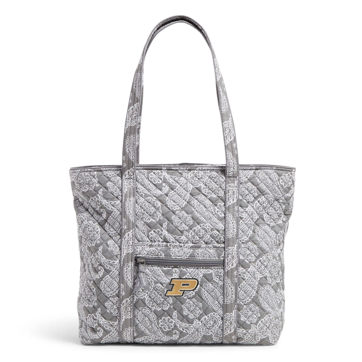 Collegiate Vera Tote Bag-Gray/White Bandana with Purdue Univeristy Logo-Image 1-Vera Bradley