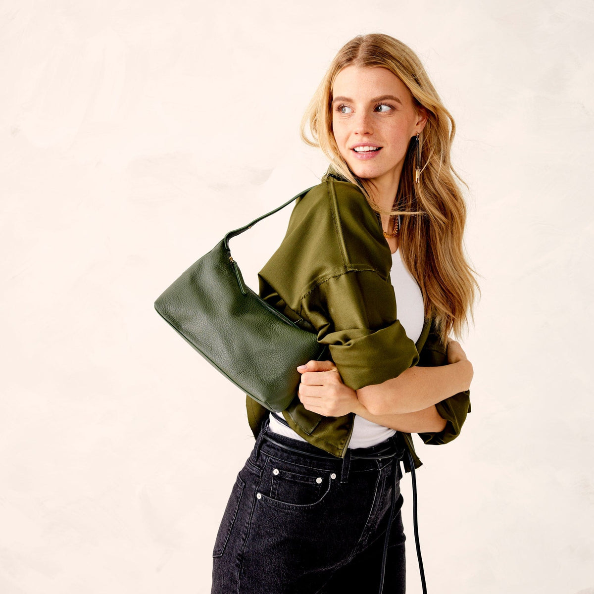 Leather Roxbury Crescent Shoulder Bag in Bronze Green