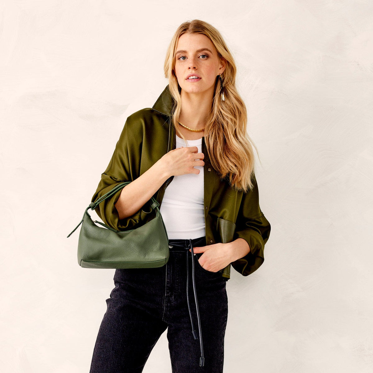 Leather Roxbury Crescent Shoulder Bag in Bronze Green