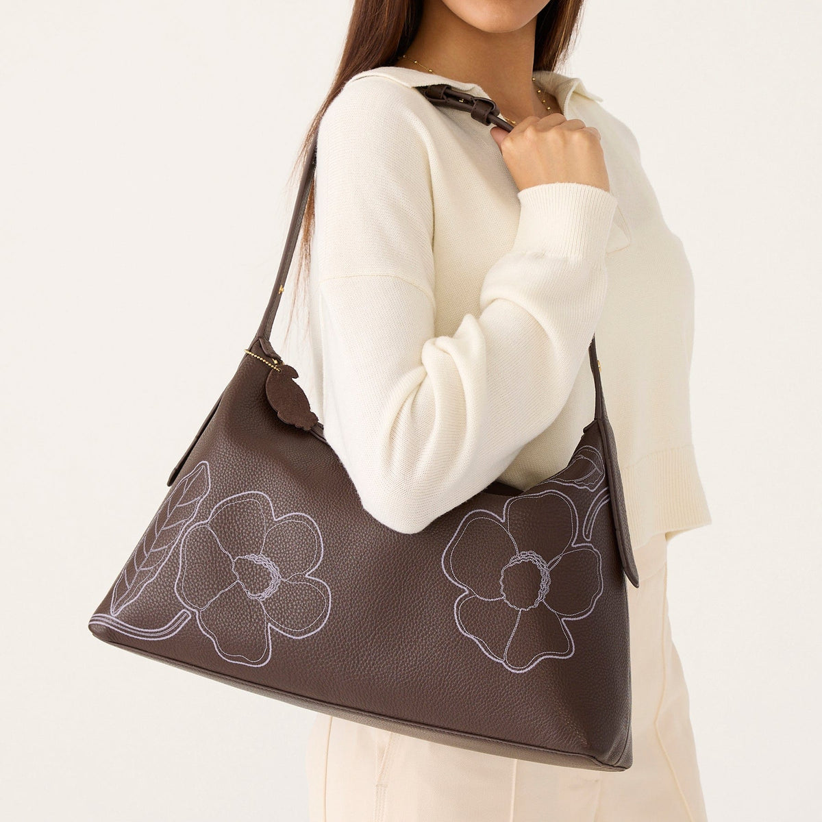 Marcelle Shoulder Bag in Appliqué Floral Coffee Bean