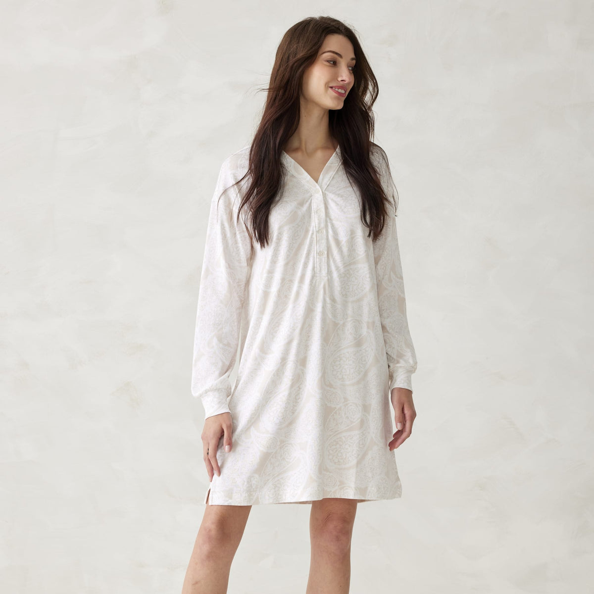 Henley Night Dress in Paisley Key Pumice Stone