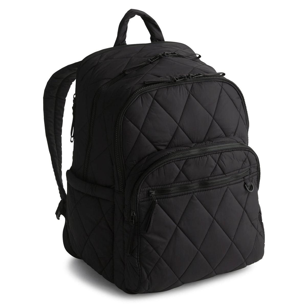 Black quilted backpack on a white background