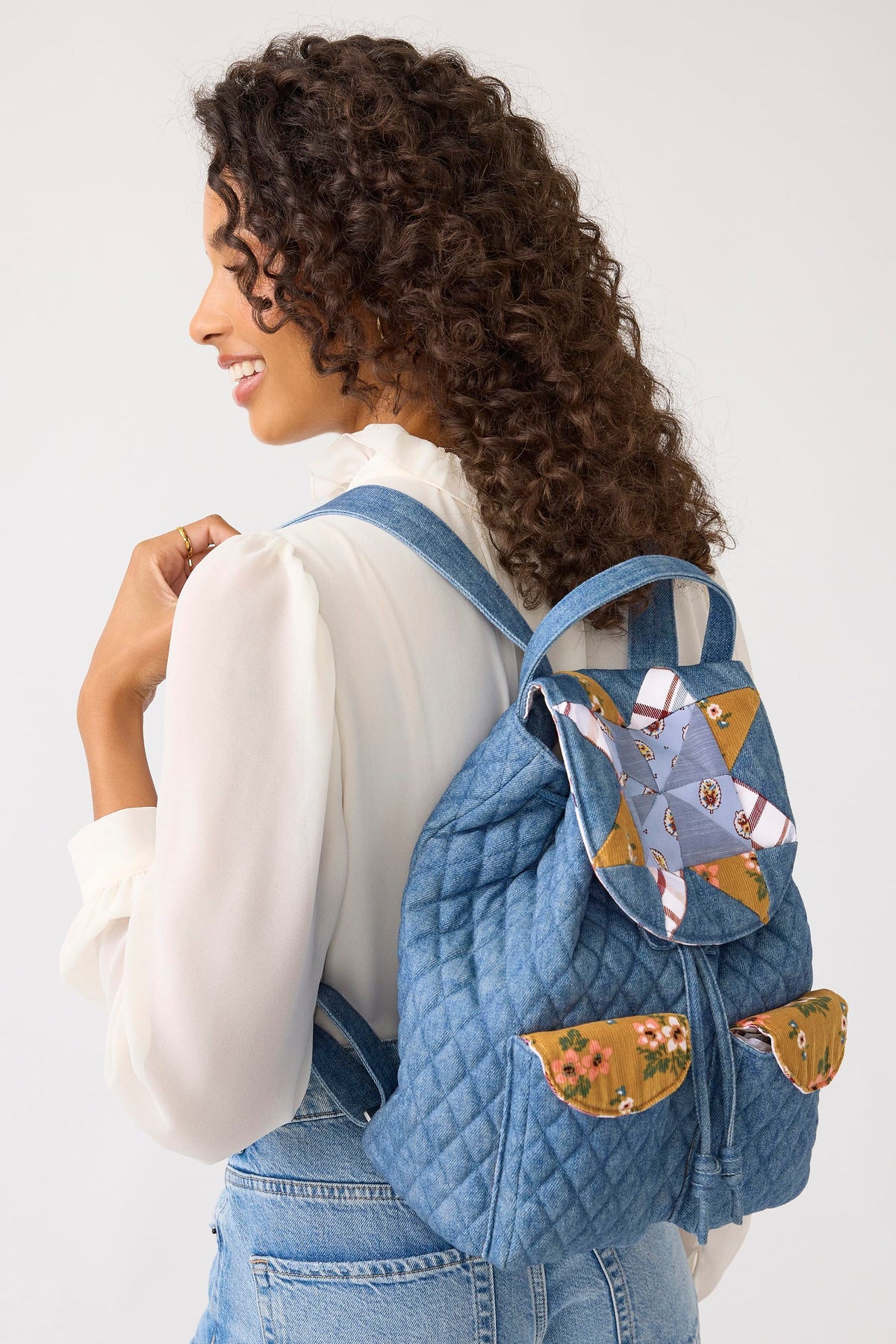 Deluxe Drawstring Backpack in Pinwheel Riverside Denim
