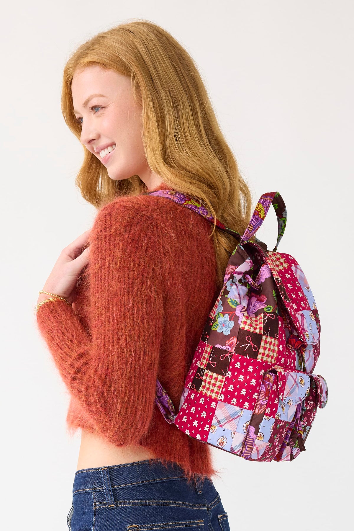 Deluxe Drawstring Backpack in Festive Check Patchwork
