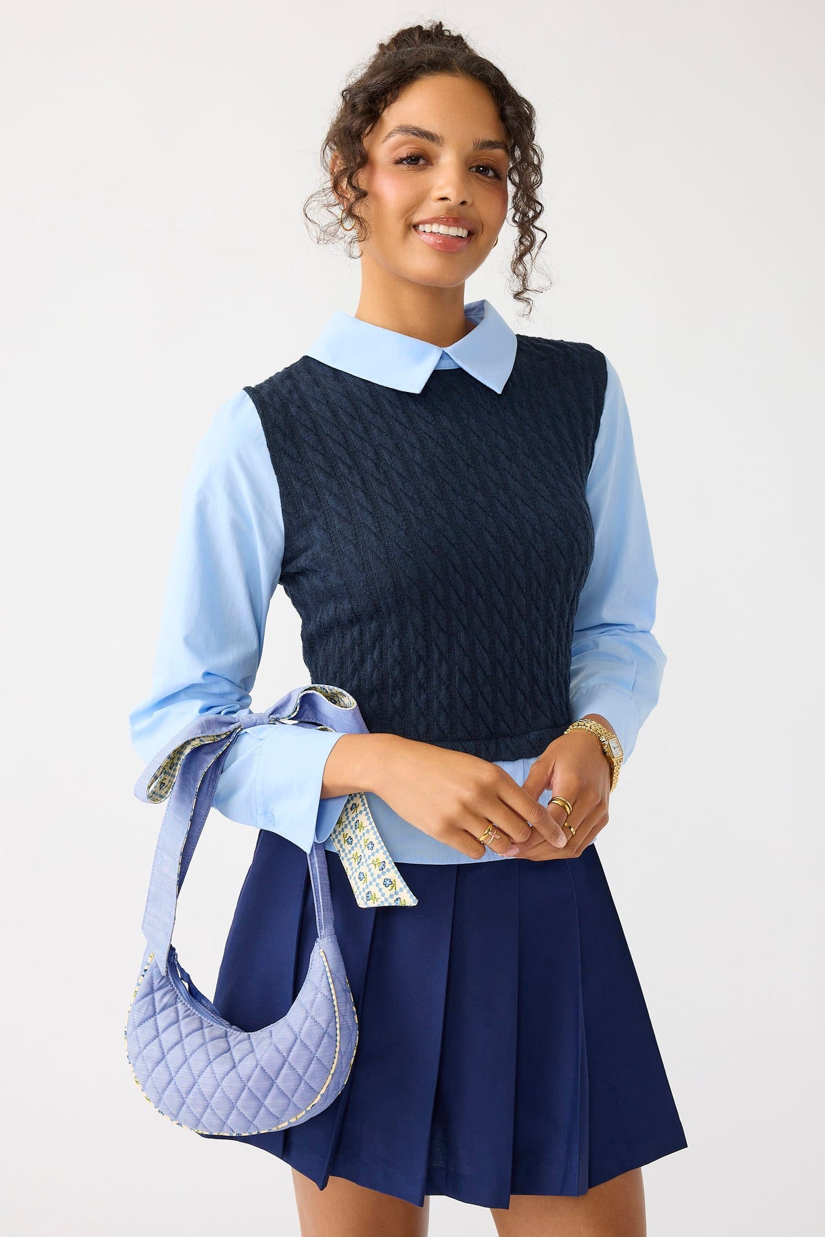 Mini Clara Bow Shoulder Bag in Blue Chambray